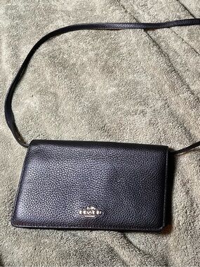 Coach Black Pebbled Leather Crossbody Wallet with Slim Strap